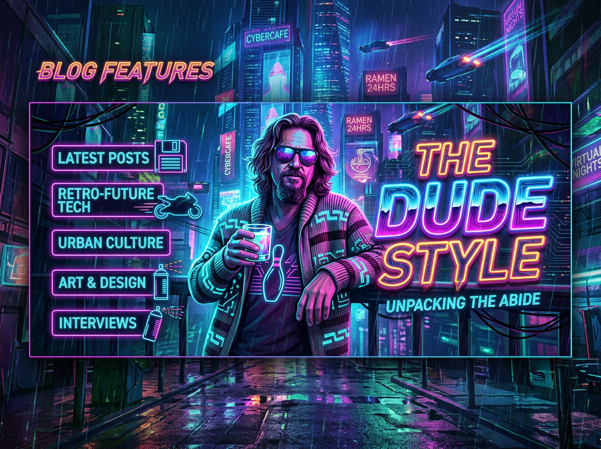 Cyberpunk blog graphic reading “BLOG FEATURES,” “THE DUDE STYLE,” and “UNPACKING THE ABIDE,” with categories for latest posts, retro-future tech, urban culture, art and design, and interviews.