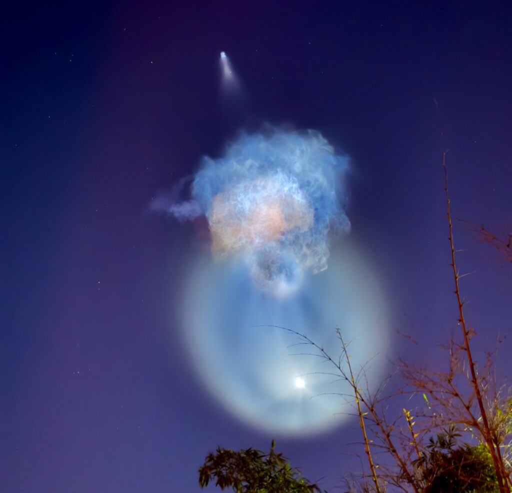 Picture of the exhaust plumes from a Falcon 9 sunrise launch